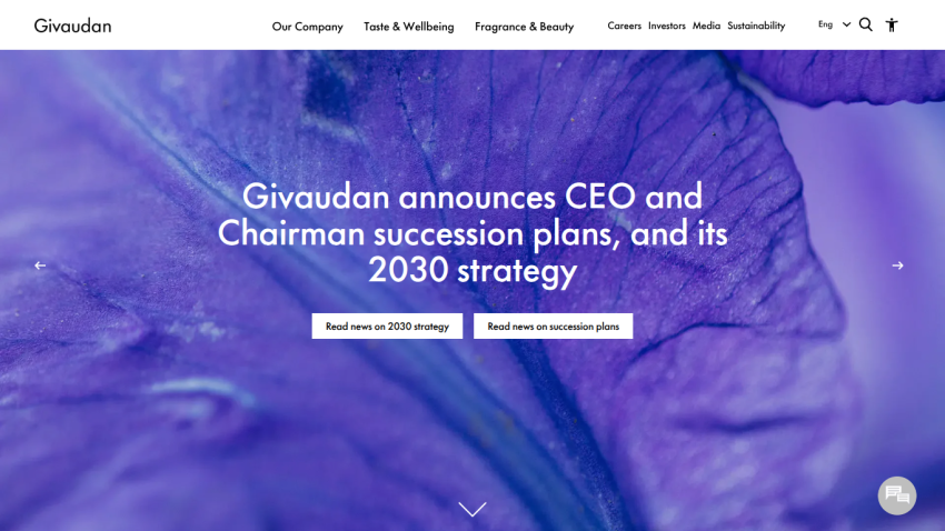 Givaudan announces CEO succession plans and its 2030 strategy on a floral background.