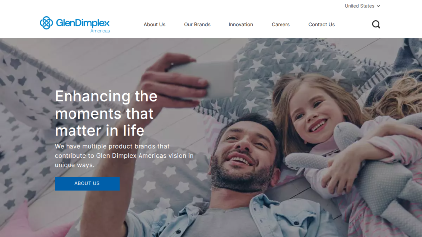 Glen Dimplex Americas homepage with navigation and hero section featuring a man and child taking a selfie and text about enhancing moments in life