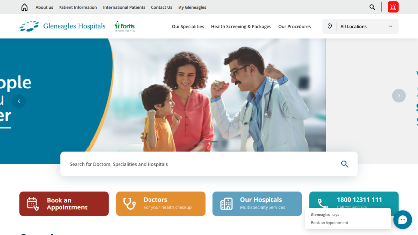 Gleneagles Hospitals homepage with navigation, search bar, and banner celebrating 1 million subscribers