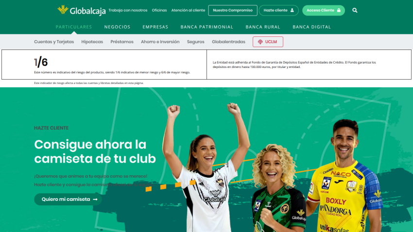 Globalcaja website promoting official club jerseys with call to action to get your shirt now