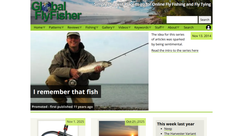 Global Fly Fisher homepage with navigation menu, search bar, and featured article about fishing memories