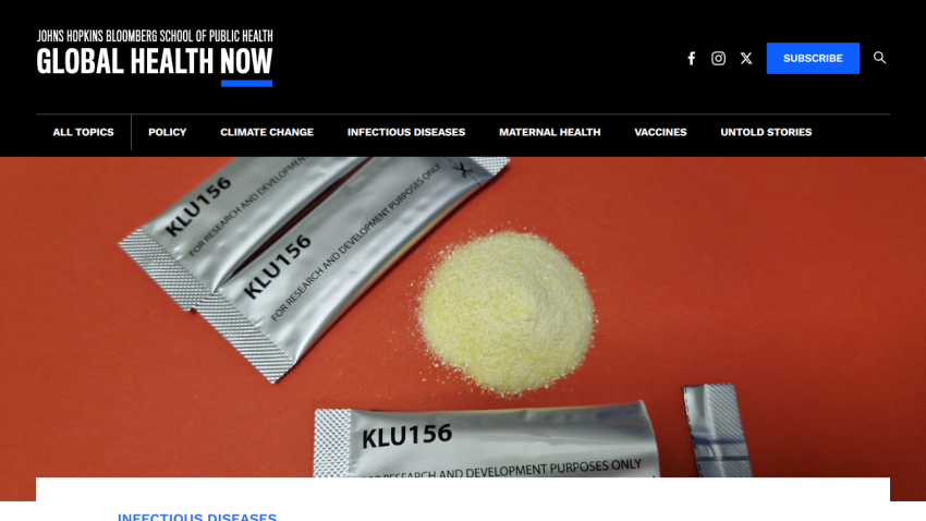 Johns Hopkins Bloomberg School of Public Health Global Health Now site with navigation and hero image of KLU156 research packets and powder