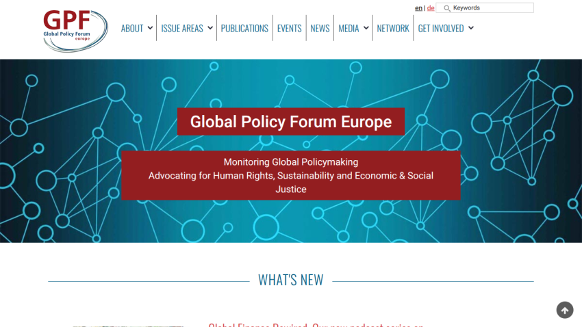 Global Policy Forum Europe homepage highlighting global policymaking and advocacy for human rights.