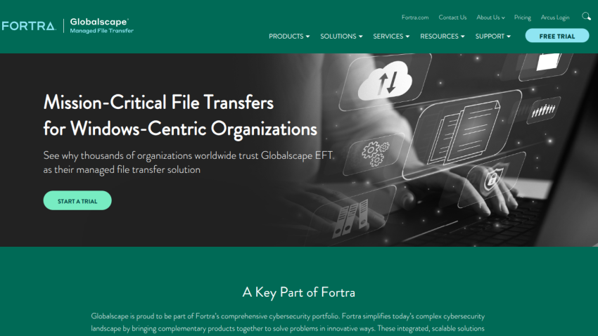 Homepage promoting managed file transfer solutions for Windows-centric organizations.
