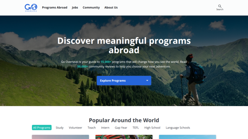 Homepage promoting meaningful programs abroad with a scenic background and a call-to-action button.