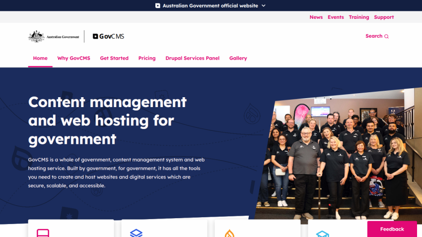 Government content management and web hosting platform with navigation links and service description