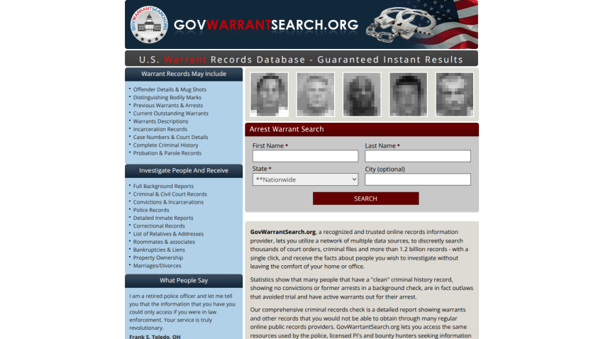 GovWarrantSearch.org homepage with warrant records search form and information about criminal records database