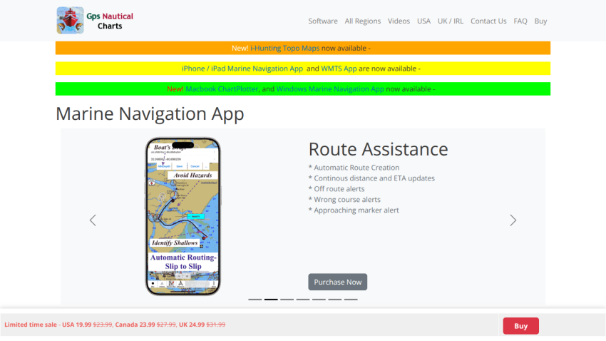 Marine Navigation App homepage with route assistance features and purchase option