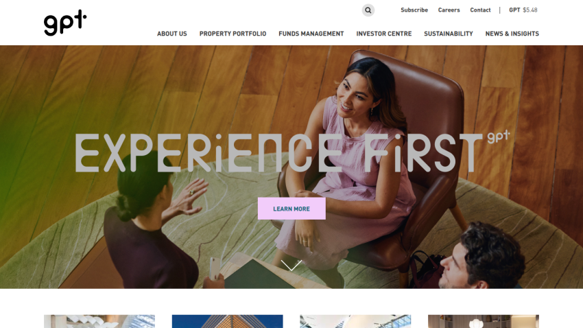Homepage with navigation menu and hero section showing people in conversation and text 'EXPERIENCE FIRST'
