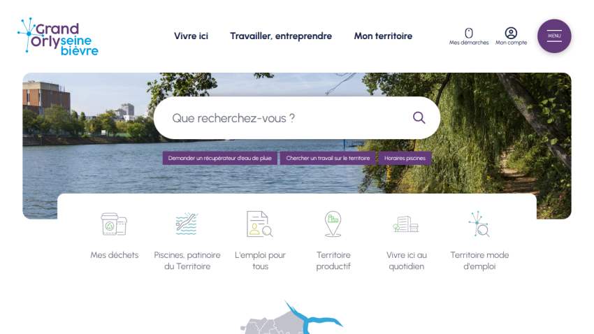 Grand Orly Seine Bièvre website with navigation links, search bar, and options for local services over a river and tree background