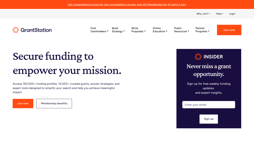 GrantStation homepage offering funding profiles and grants with options to join or learn membership benefits