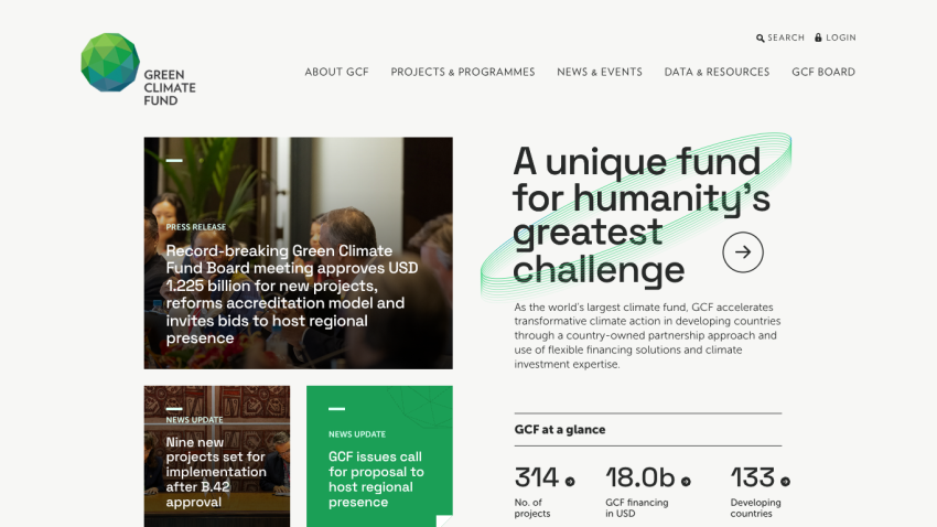 Homepage of the Green Climate Fund highlighting its mission and key statistics.