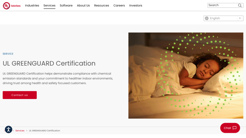 UL GREENGUARD Certification service page showing compliance info and a sleeping child image