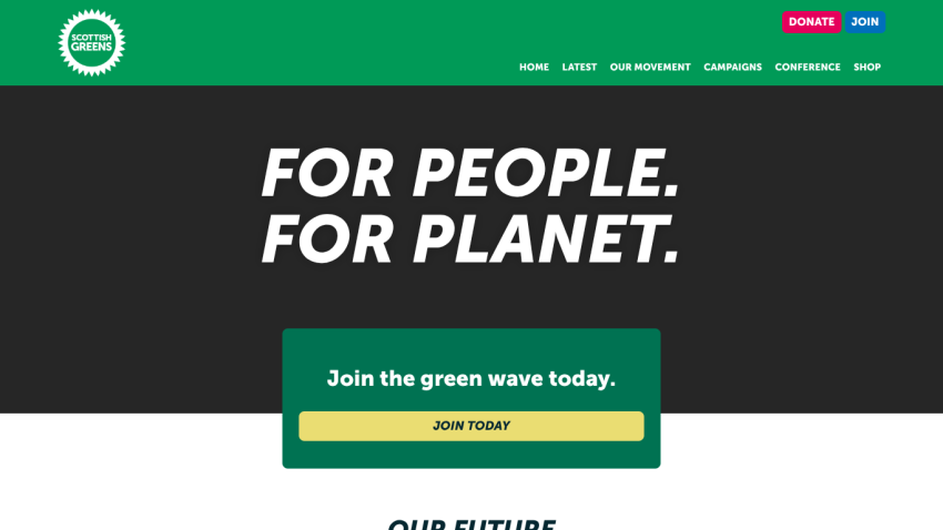 Scottish Greens homepage with slogan For People. For Planet. and a call to join the green wave today.