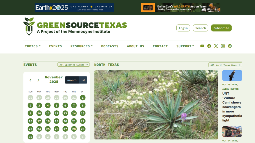 GreenSource Texas homepage with navigation, November 2025 calendar of events, and North Texas nature photo