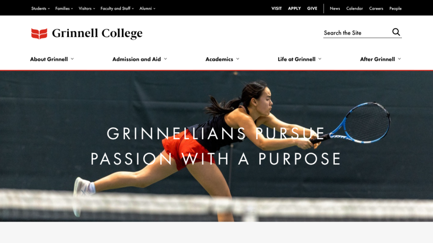 Grinnell College homepage featuring a tennis player and the slogan 'Grinnellians Pursue Passion with a Purpose.'