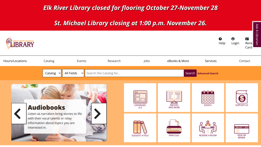 Great River Regional Library homepage with announcements, navigation menu, search bar, and service icons including audiobooks and events