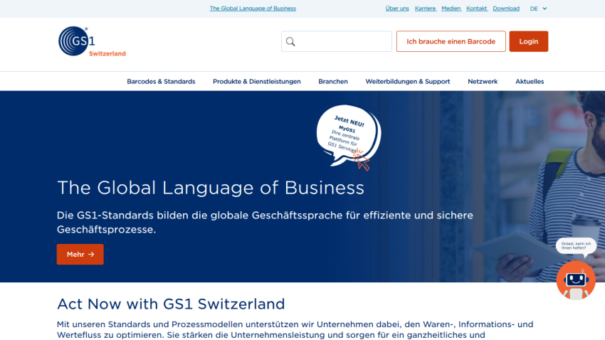 GS1 Switzerland homepage with navigation, search, login, and hero section promoting global business language standards.