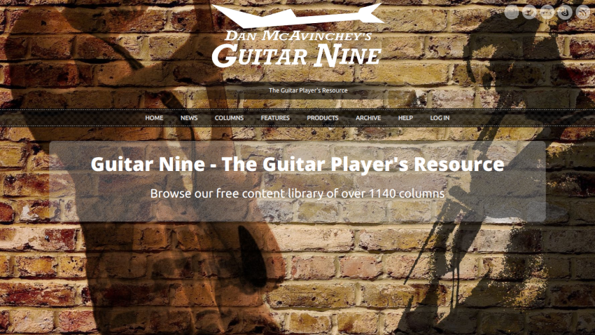 Guitar Nine homepage with navigation and a banner promoting a free content library of over 1140 guitar columns