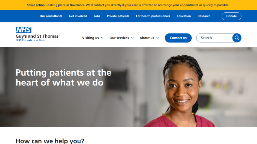 Healthcare website homepage with navigation bar and smiling healthcare professional, headline about patient care