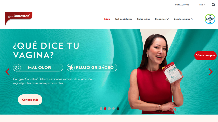 Homepage of gynoCanesten with navigation menu and hero promoting vaginal infection symptom relief product