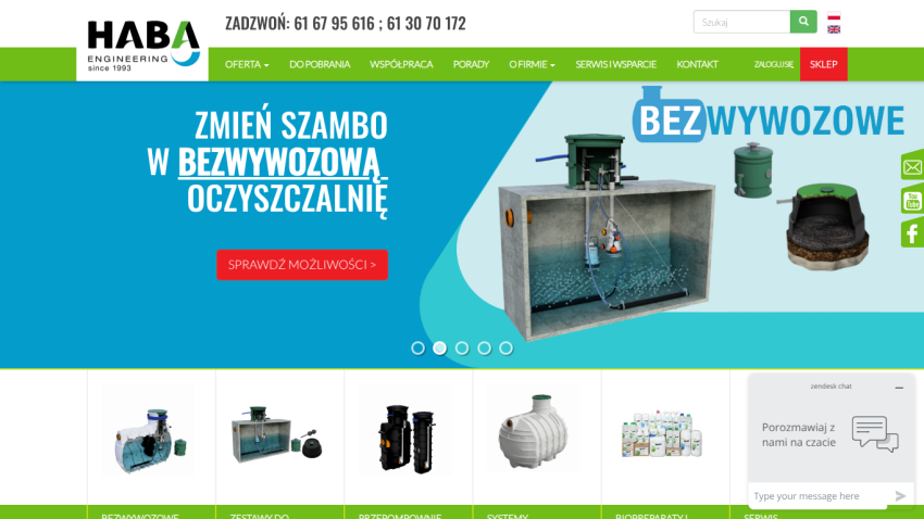 HABA Engineering homepage with navigation, contact info, and hero promoting non-removal sewage treatment systems