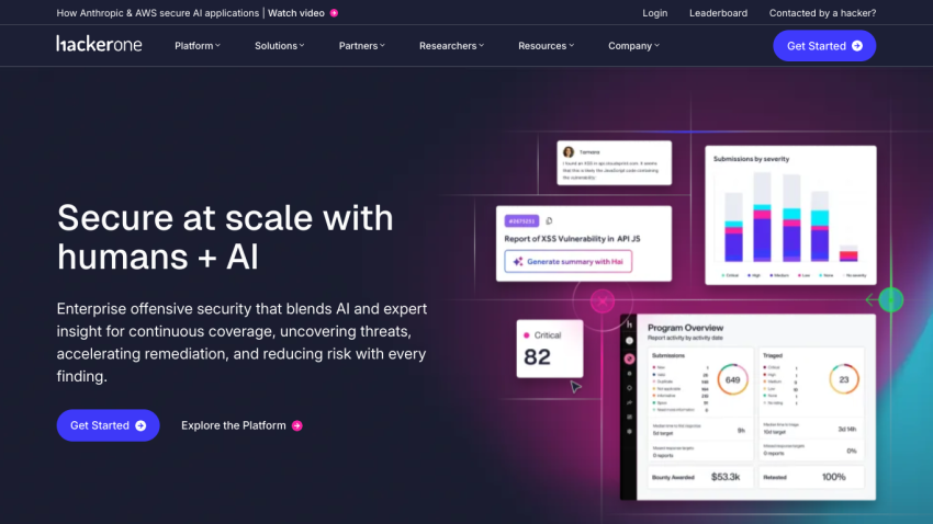 Homepage of HackerOne showcasing security solutions with key statistics and call-to-action buttons.
