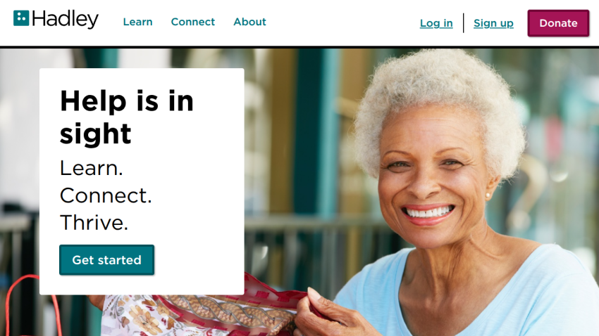 Hadley website homepage with navigation and a hero section encouraging help with Learn, Connect, Thrive and a Get started button