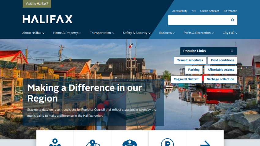 Halifax website showcasing a waterfront view with a tagline about making a difference in the region.