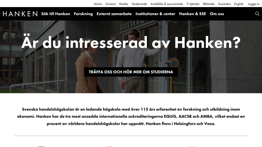 Hanken website hero section with headline inviting interest and button to learn more about studies, plus introductory text about the school