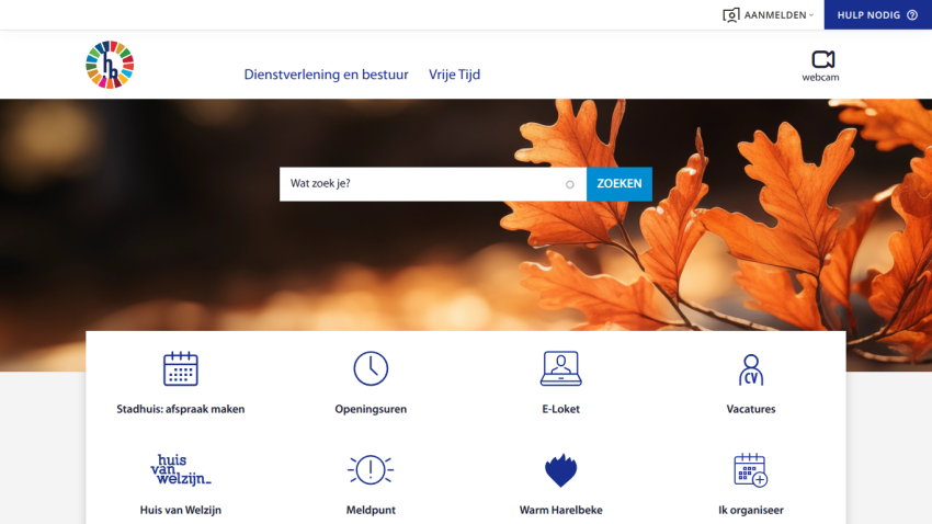Municipal website with search bar, navigation links, and icons for appointments, opening hours, e-services, and community resources