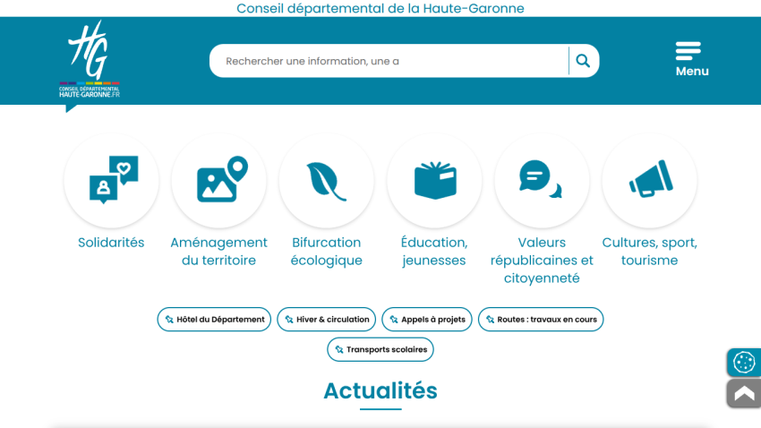 Website header with navigation icons for various topics and a search bar.