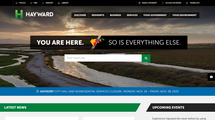 Hayward city website homepage with navigation, search bar, advisory notice, and slogan 'You are here. So is everything else.'