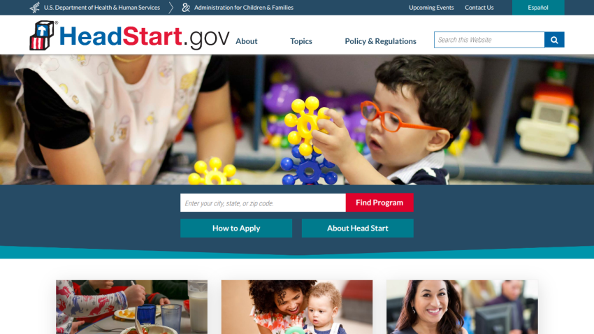 Head Start website with a child playing and options to find programs and learn about Head Start.
