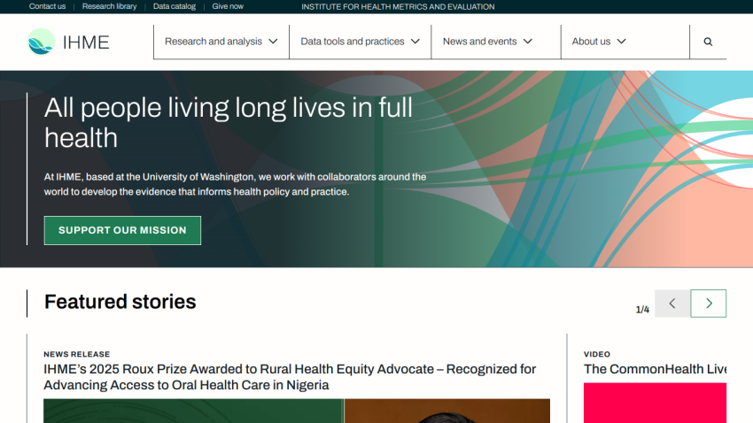 Homepage of IHME featuring mission statement and featured stories section.