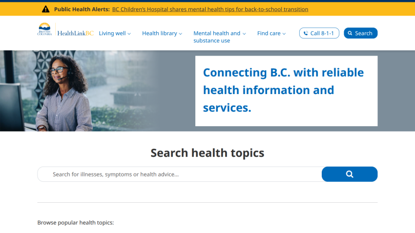 Website header with a woman and text about reliable health information services.