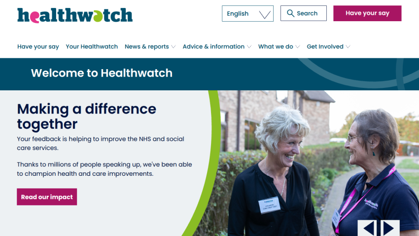 Healthwatch homepage welcomes visitors with message on improving NHS and social care, featuring two smiling women outdoors
