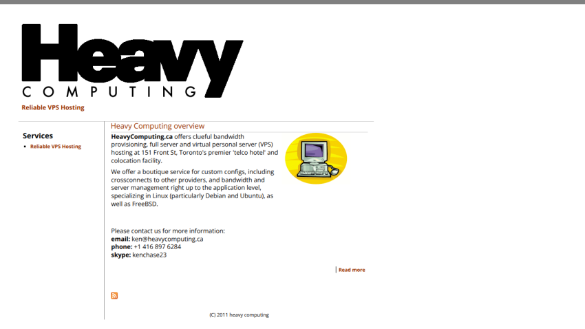 Heavy Computing VPS hosting overview with services, contact email, phone, and Skype details