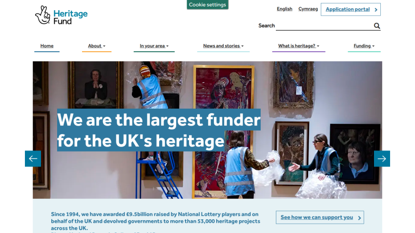 Homepage of Heritage Fund showcasing funding for UK heritage with images and key message.