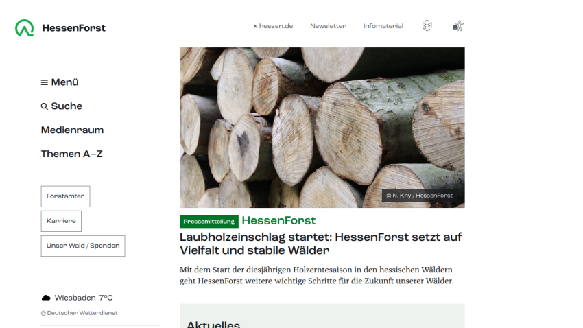 HessenForst website with news on sustainable forestry and wood harvesting in Hessian forests