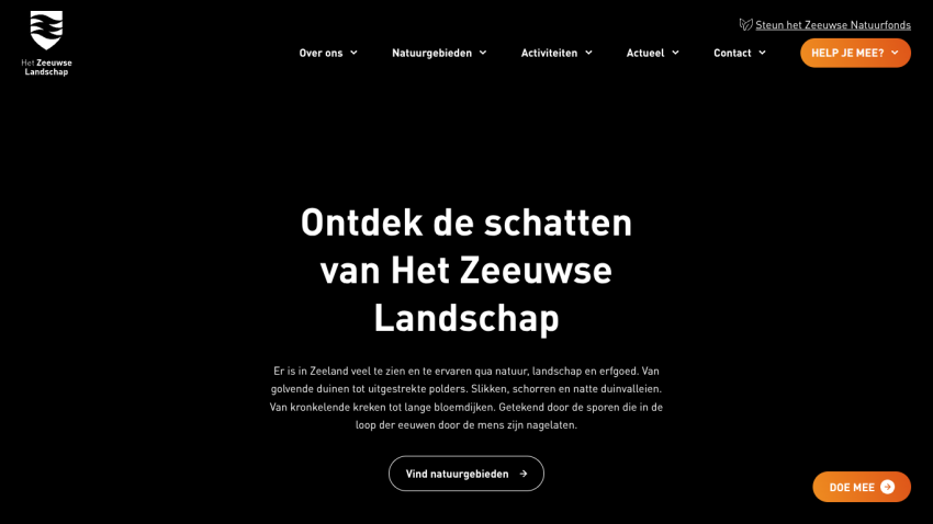 Homepage of Het Zeeuwse Landschap with headline inviting to discover Zeeland's nature and landscape, navigation menu, and call-to-action buttons