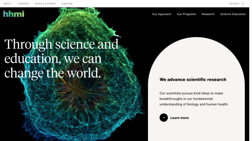 Homepage of HHMI featuring a vibrant scientific image and mission statement.