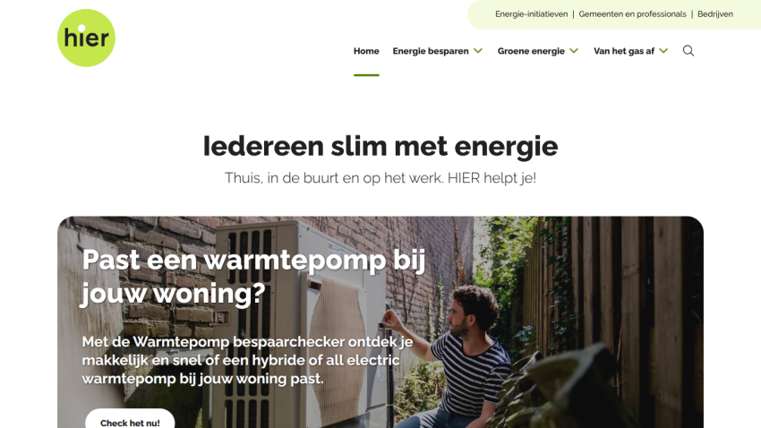Website promoting smart energy use with a heat pump suitability checker for homes, featuring a man inspecting a heat pump outdoors.