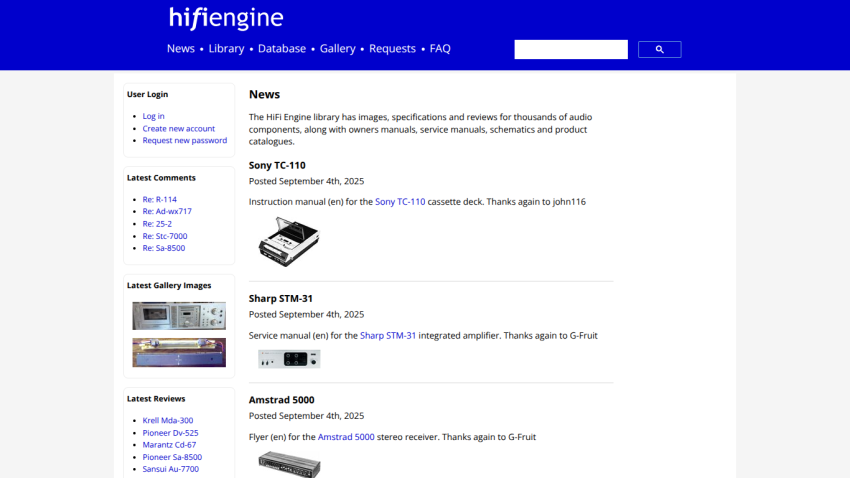 Homepage of HiFi Engine displaying news and product listings for audio equipment.