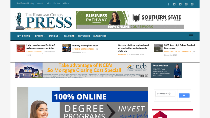 The Highland County Press homepage with news headlines, navigation menu, and advertisements for online degree programs and mortgage specials.