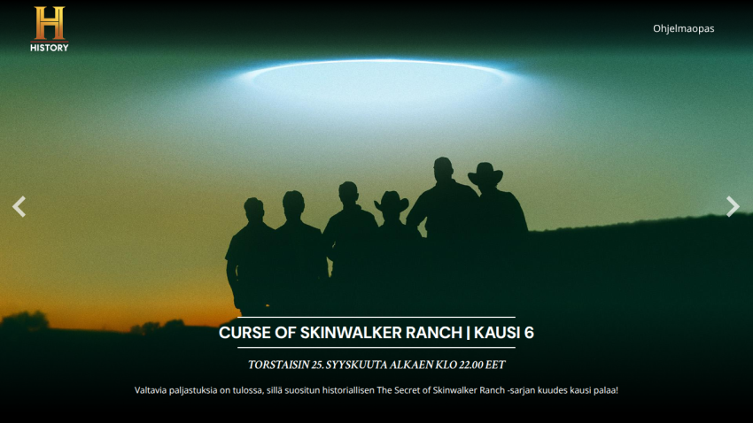 Promotional banner for 'Curse of Skinwalker Ranch' with silhouetted figures and title text.