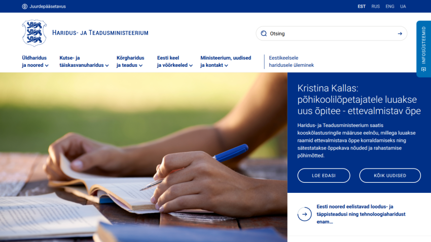 Estonian Ministry of Education and Research homepage with navigation and news about new preparatory teaching guidelines
