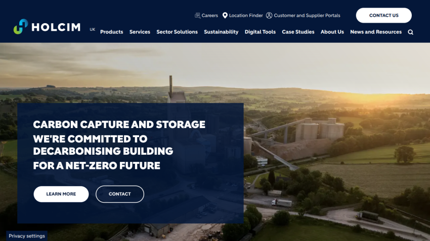 Holcim website with navigation and a hero section about carbon capture and storage for a net-zero future