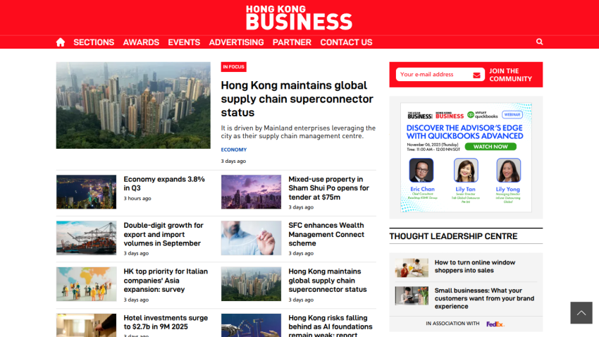 Hong Kong Business homepage with news on supply chain status, economy growth, property, and investment updates