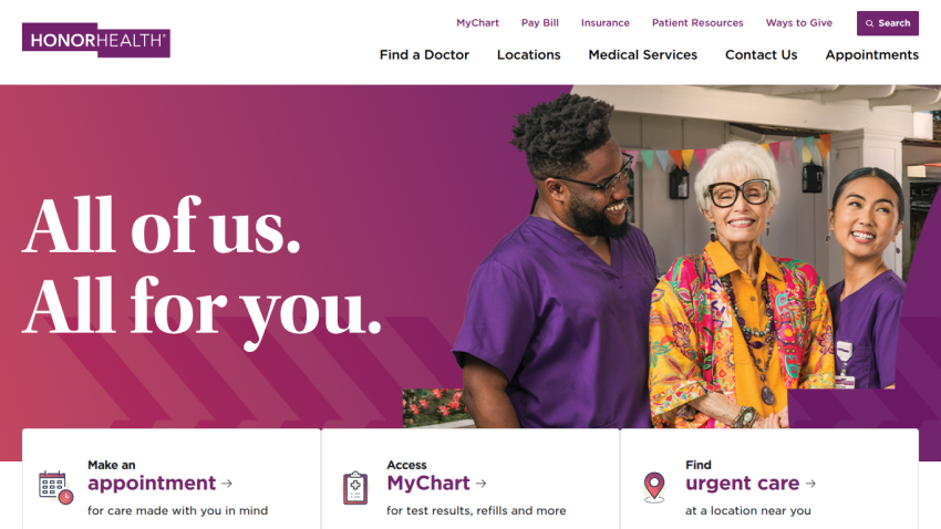 Homepage of HonorHealth featuring a welcoming message and options for appointments and urgent care.